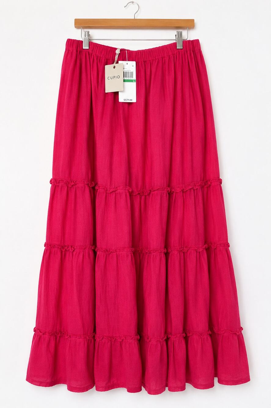 Cupio Linen Blend Maxi Skirt Womens Large NWT Pink Tiered Boho Stretch